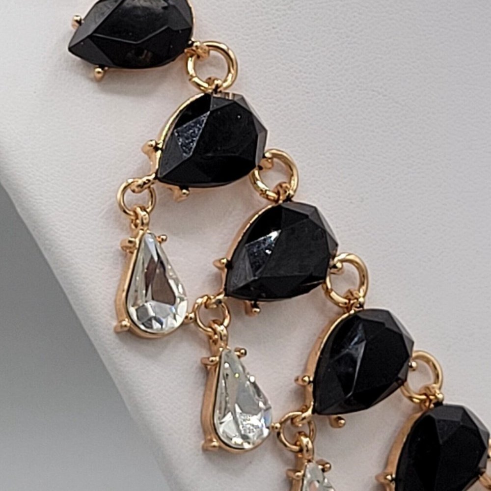 Womens Gold Tone Metal Black Clear Faceted Teardrop Crystal Necklace 19 in - Picture 7 of 9